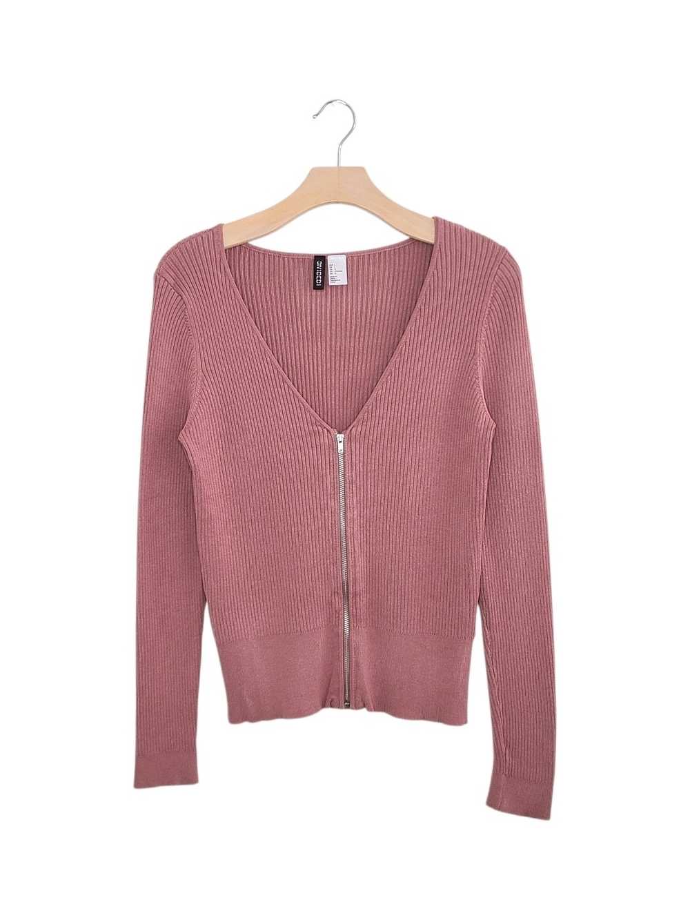 H&M Dusty Rose Ribbed Knit Zip Long Sleeve V Neck Cardigan